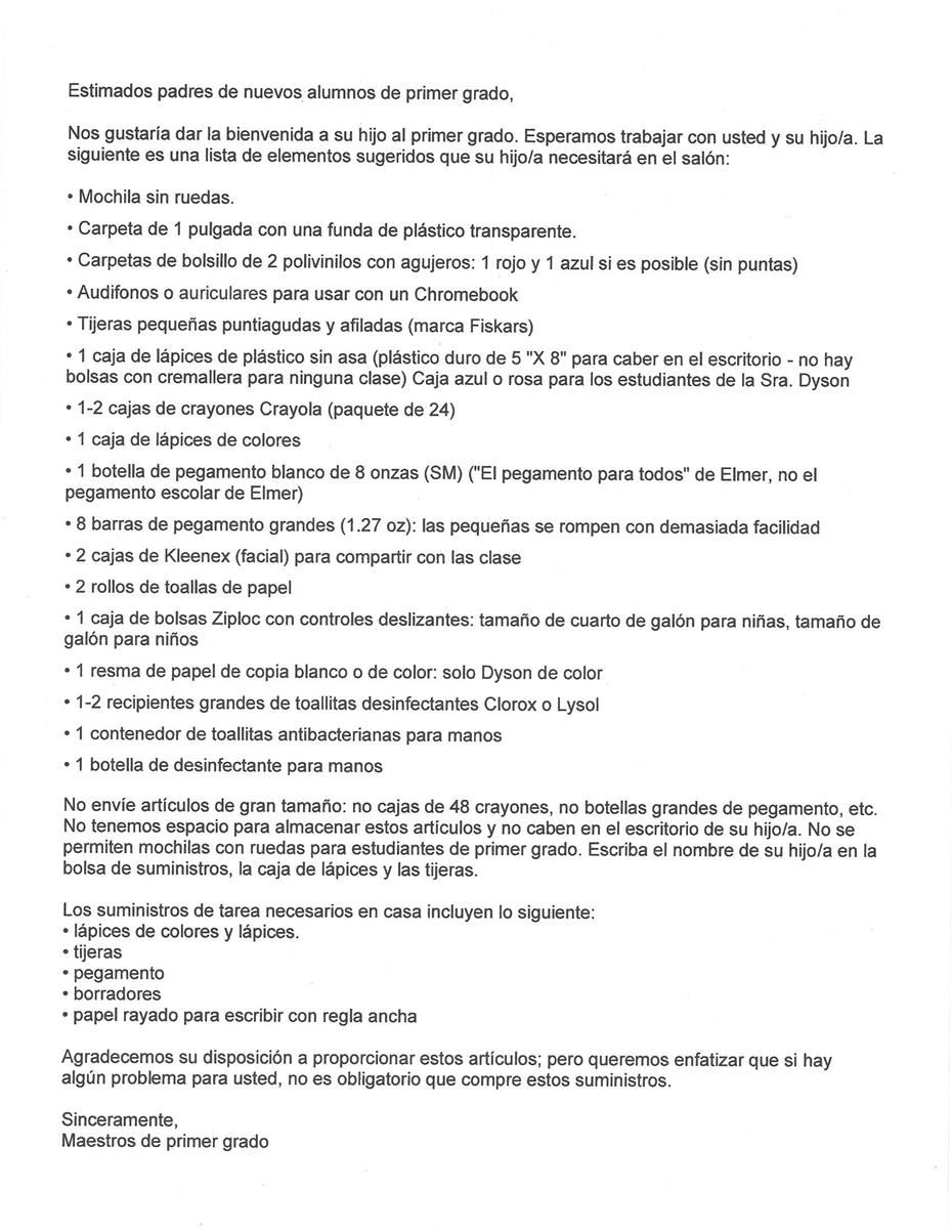 Spanish version of First Grade Supply List